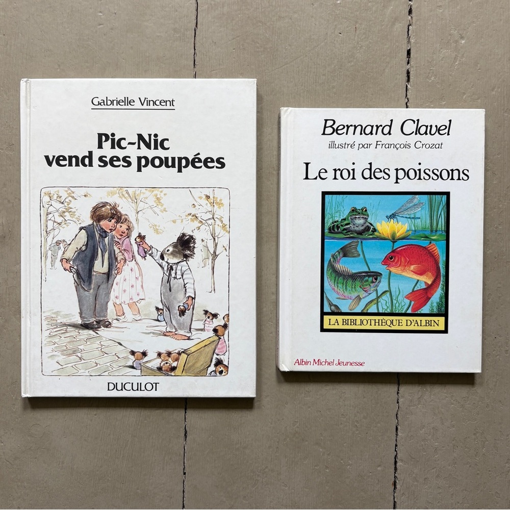 2 1980s French Kids Book Pic-Nic Vend ses Poupees Le Roi de Poissons Koala Fish